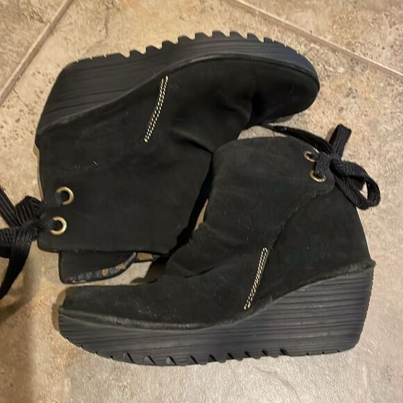 Fly London Yama Mid Wedge Black Suede Ankle Boot Shoe Womens Size EU 38 US 7.5-8